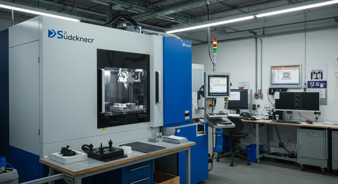 Reine visuelle Abbildung einer additiven Fertigungsanlage mit Jigs und Fixtures, fokussiert auf Equipment und Ergebnisse