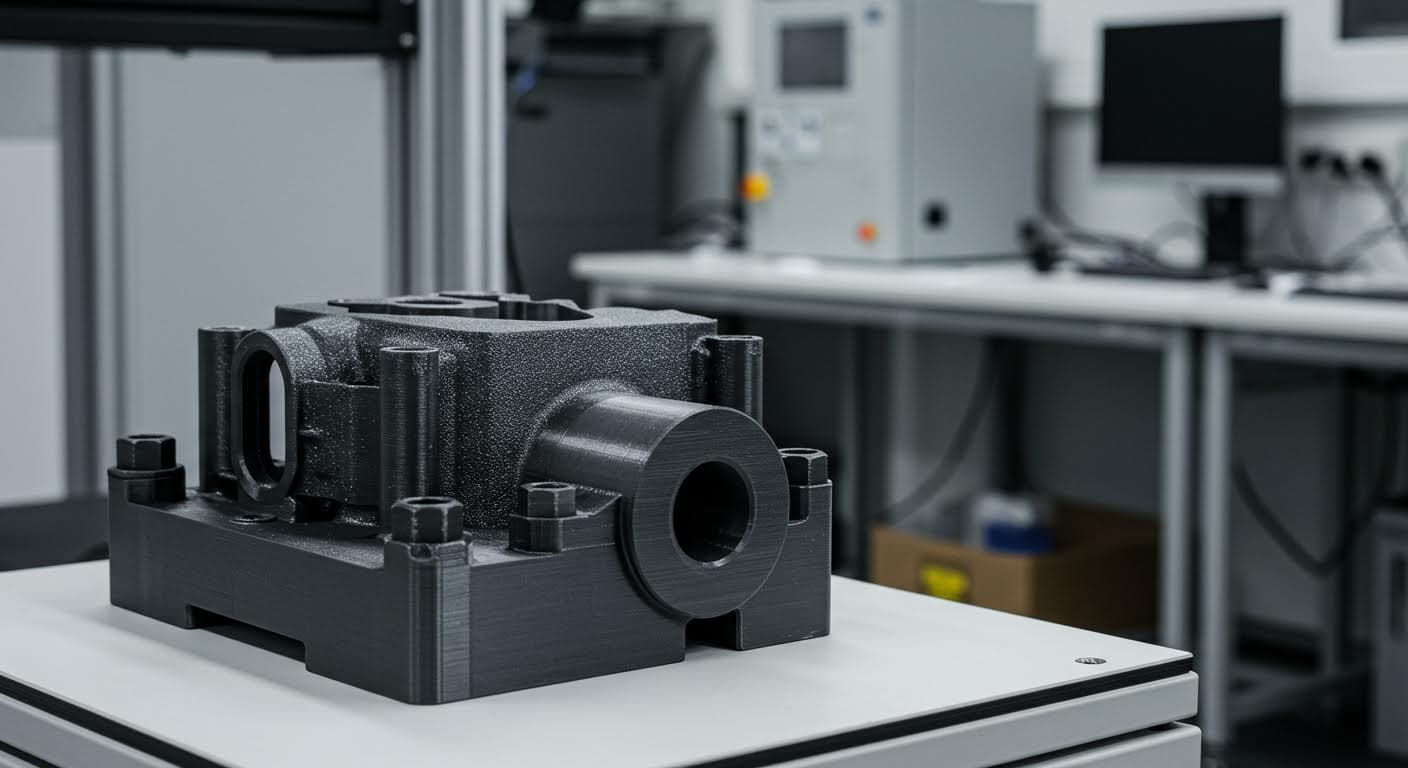 Visuelle Darstellung eines CF-gefüllten Polyamidteils unter mechanischer Belastung, zeigend Steifigkeit und Faserverstärkung, reine Industriefotografie ohne Beschriftungen.