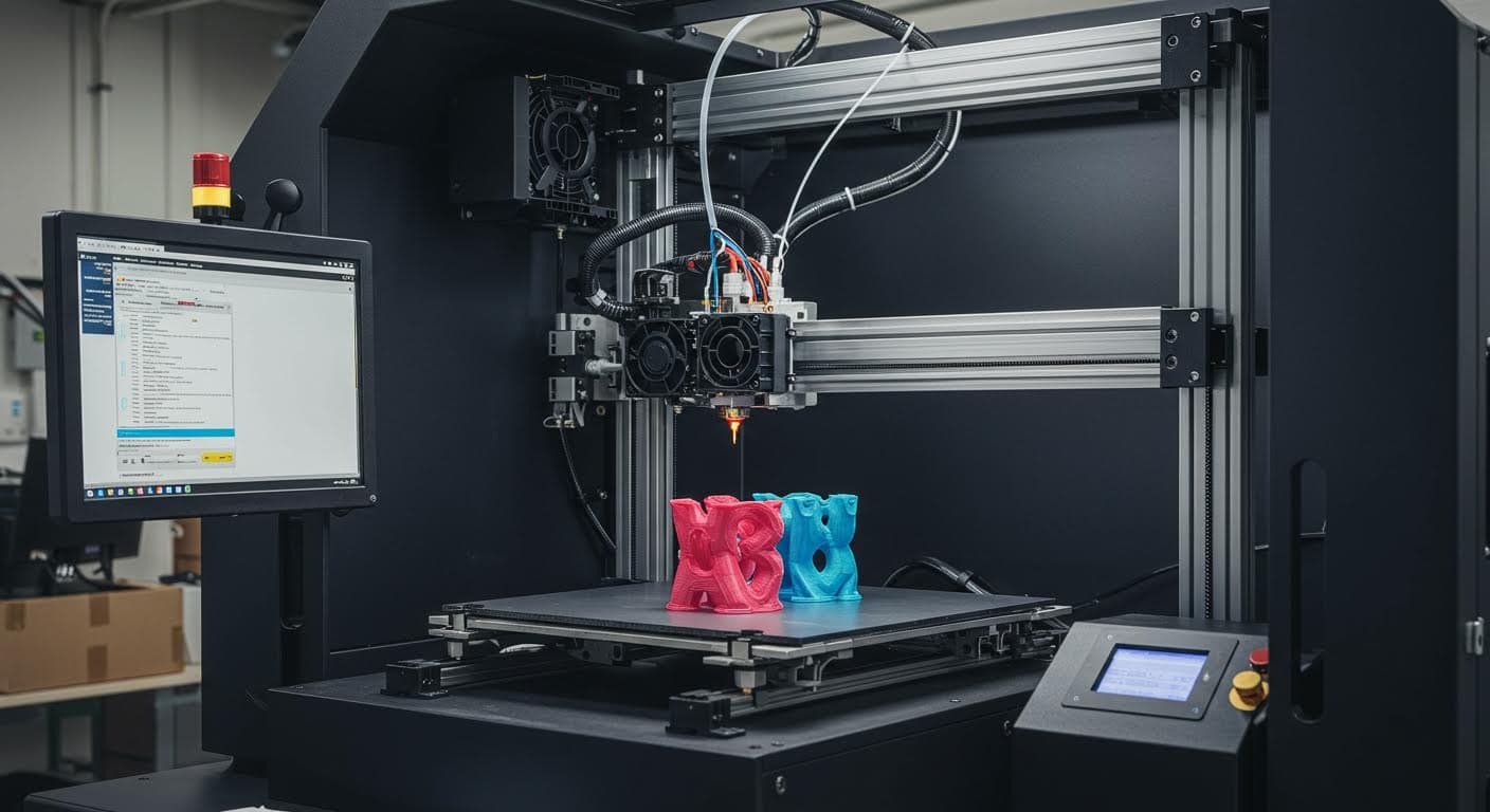 High-resolution image of a multi-material 3D printer extruding different filaments simultaneously in an industrial setting, focusing on the machinery and process without any text or labels.