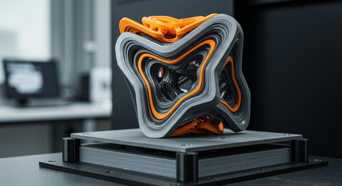 Close-up of a complex 3D-printed object combining metal and polymer materials, showcasing layered structures and material transitions in high detail.