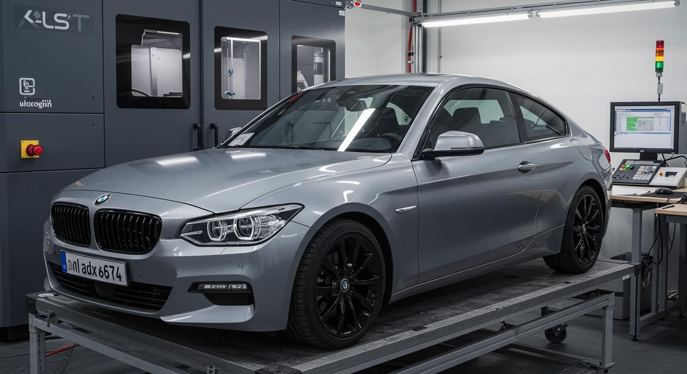 Fotografie eines kompletten 3D-gedruckten Automobilgehäuses aus PA12-CF, montiert und funktional, ohne Logos oder Texte, industriell stilisiert.