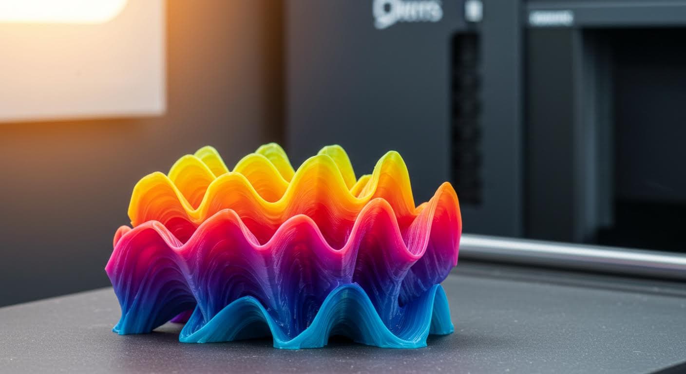 Vibrant multi-color 3D-printed model with smooth color gradients, displayed on a neutral background to highlight aesthetic qualities.