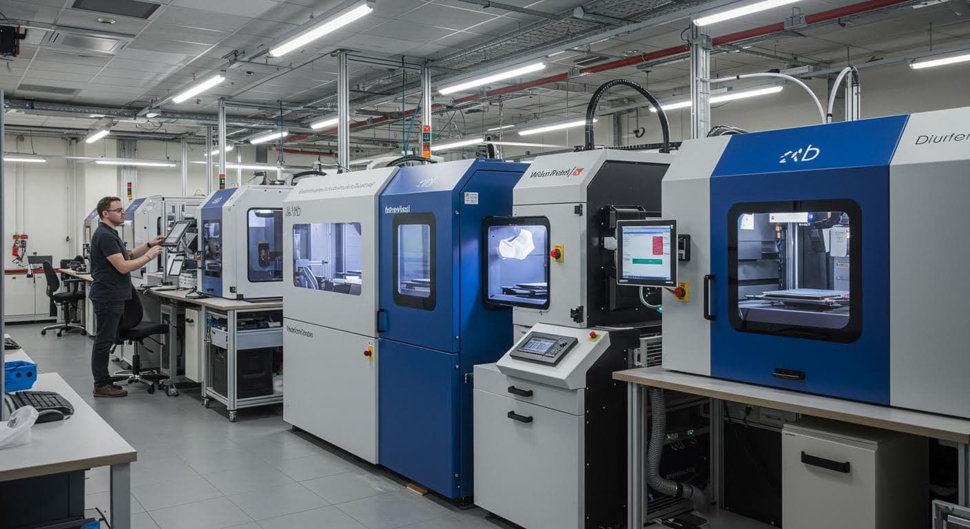 Professional photograph of an advanced 3D printing facility with multiple printers operating, emphasizing technology and efficiency.