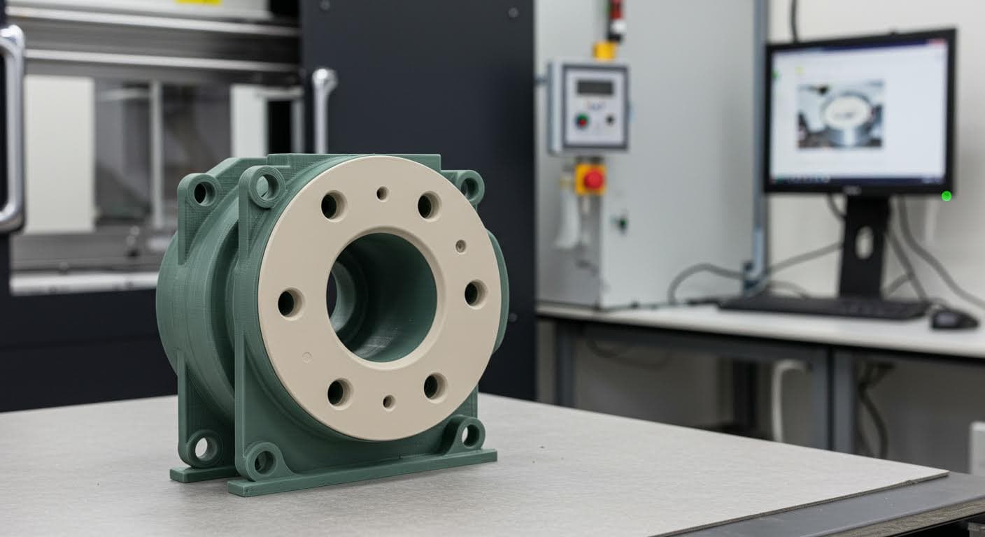 Image of a finished 3D-printed component made from ceramic and glass composites, illustrating functional properties like strength and transparency.
