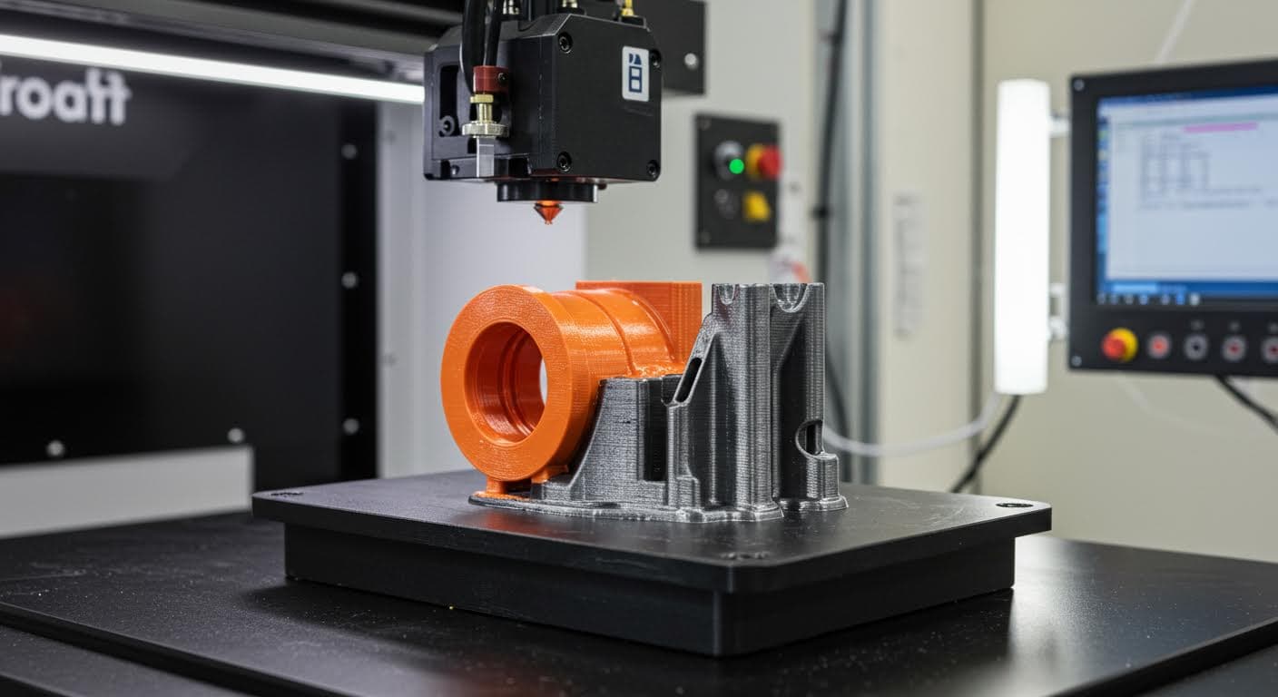Dynamic shot of a high-temperature resistant 3D-printed part under testing, capturing material durability in a lab environment.
