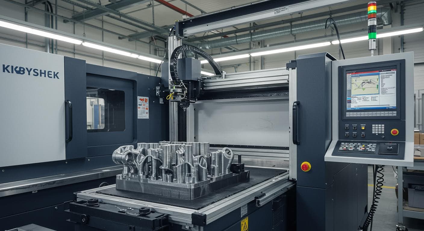 Ein moderner 3D-Drucker, der ein komplexes metallisches Ersatzteil schichtweise aufbaut, in einer hellen Industriehalle mit Fokus auf die Präzision der Technologie.