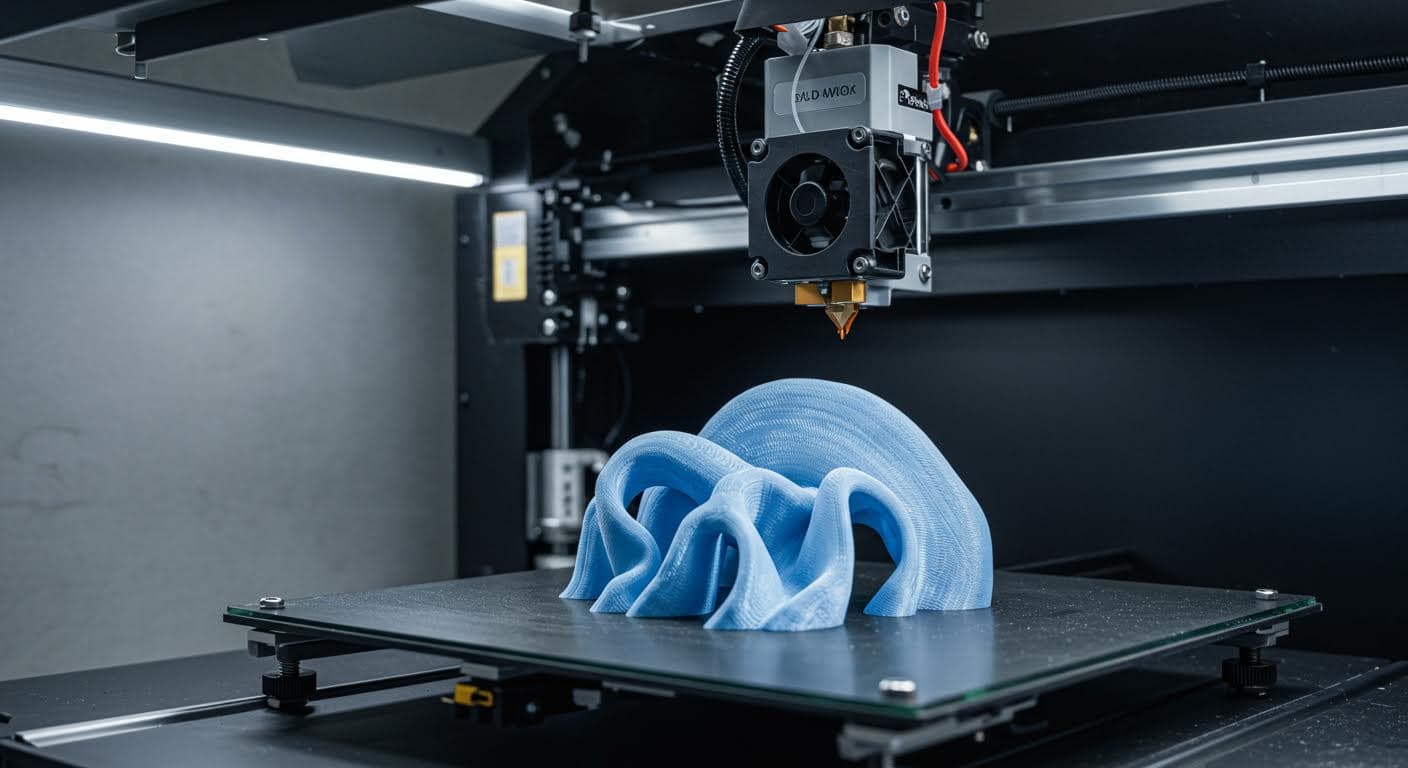 Hochauflösende Aufnahme eines 3D-Druckers, der ein flexibles TPU-Filament extrudiert, mit Fokus auf die Düse und das entstehende elastische Teil, professionelle Industriefotografie ohne Text.