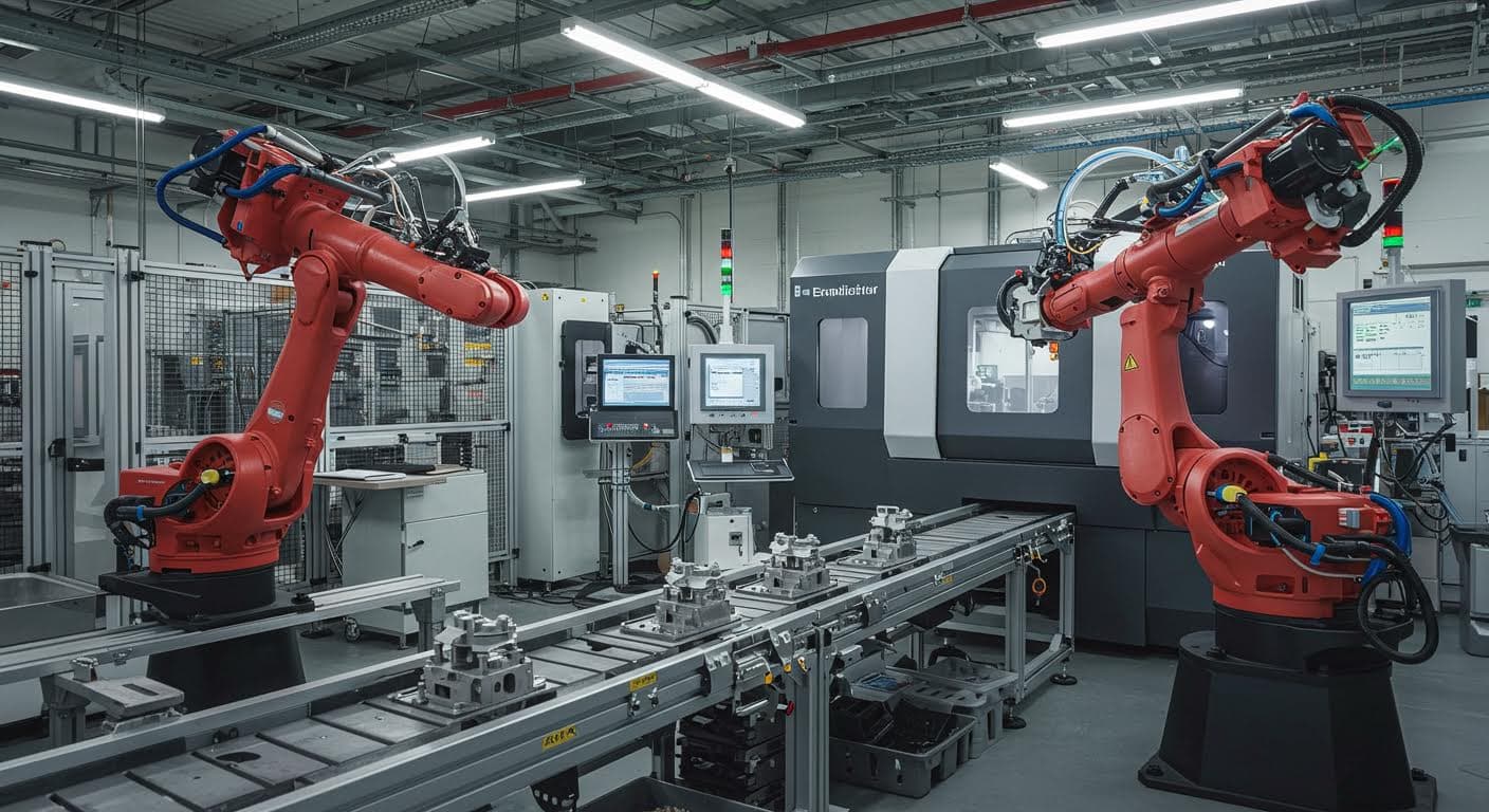 Eine automatisierte Produktionslinie mit Robotern, die On-Demand-Teile handhaben, umgeben von high-tech Equipment in einer Fertigungsstätte.