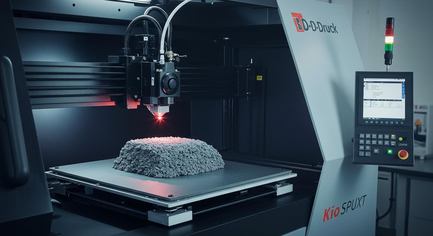 Seitenansicht eines SLS-3D-Druckers mit TPU-Pulver, Laserstrahl im Prozess, betont Präzision und Technologie, ohne jegliche Beschriftungen.