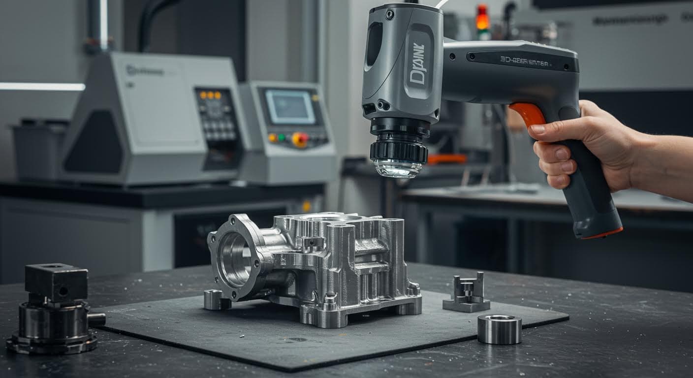 A high-resolution photo of a handheld 3D scanner capturing a metallic mechanical part on a workshop table in an industrial environment.