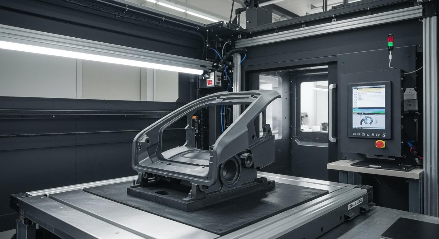 Nahaufnahme eines fertig gedruckten Kunststoffteils für die Automobilindustrie, glänzend und detailliert, ohne jegliche Beschriftung.