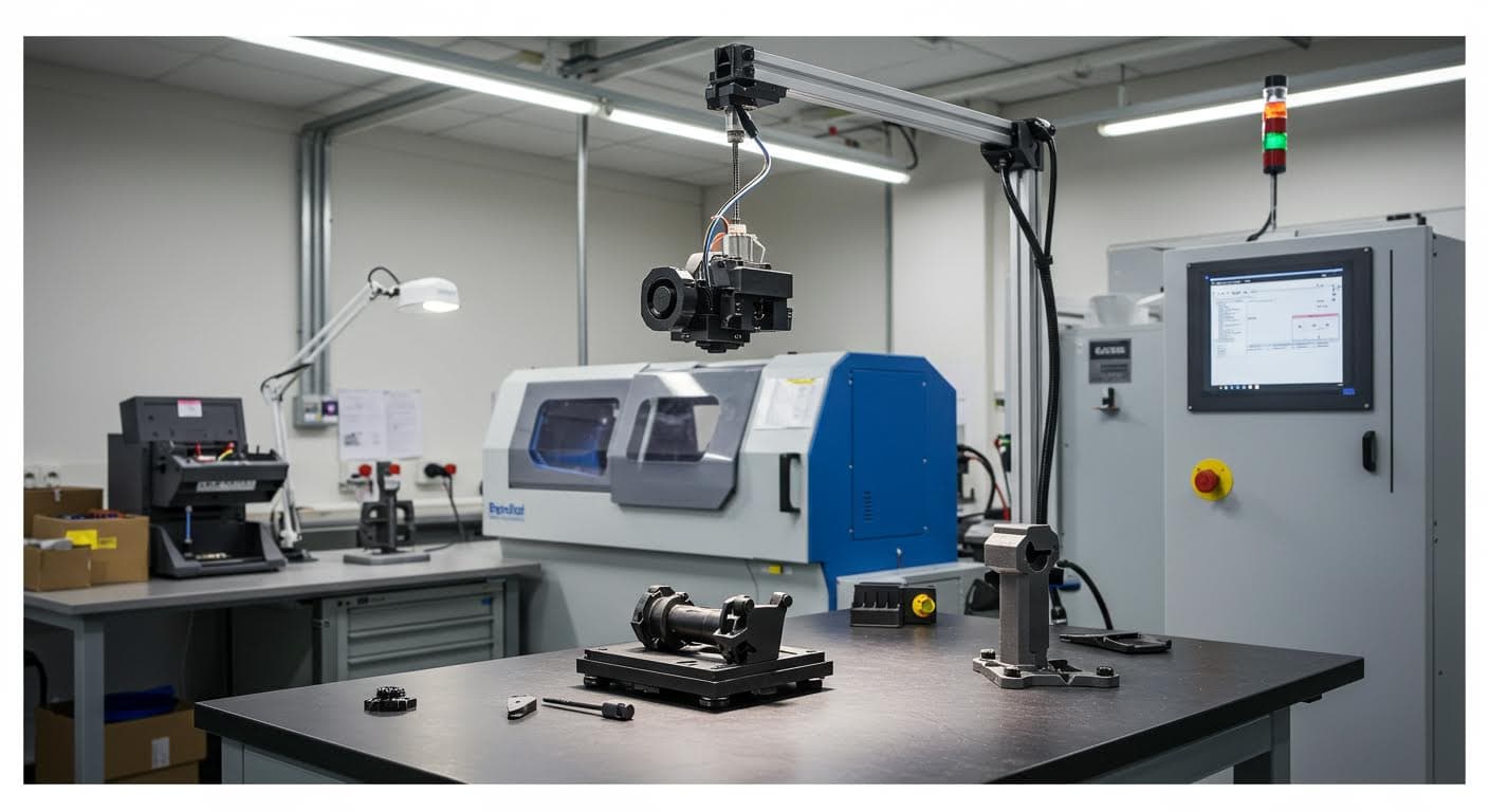 Ein Stapel additiv gefertigter Ersatzteile auf einem Werktisch, beleuchtet in einem professionellen Workshop-Setting.