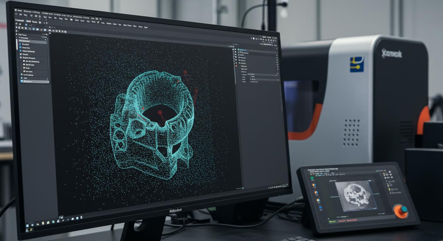 Close-up of a digital point cloud visualization on a computer screen showing a scanned object without any labels.