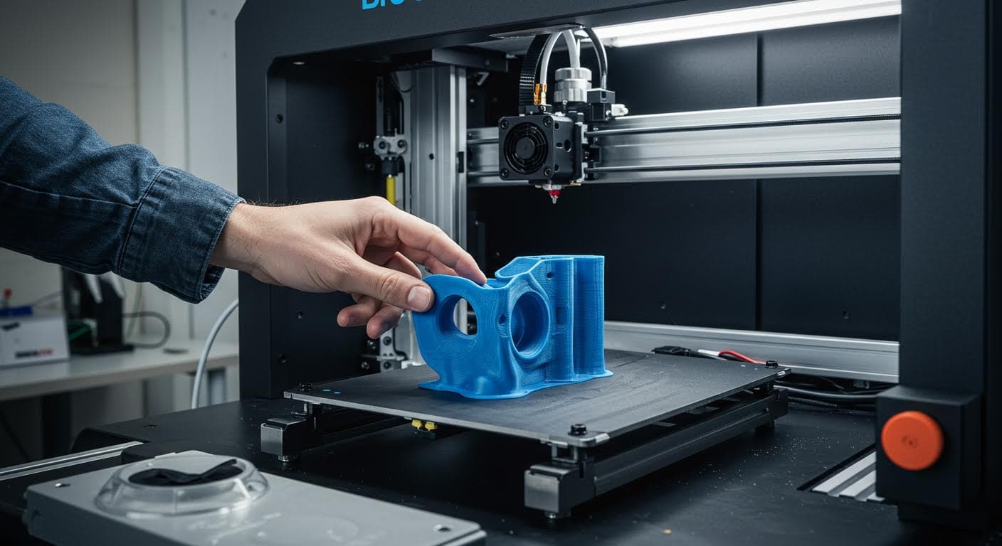Multimaterial-3D-Drucker mit mehreren Filamenten, im Druckvorgang eines hybriden Teils, Fokus auf Ausrüstung und Ergebnis.