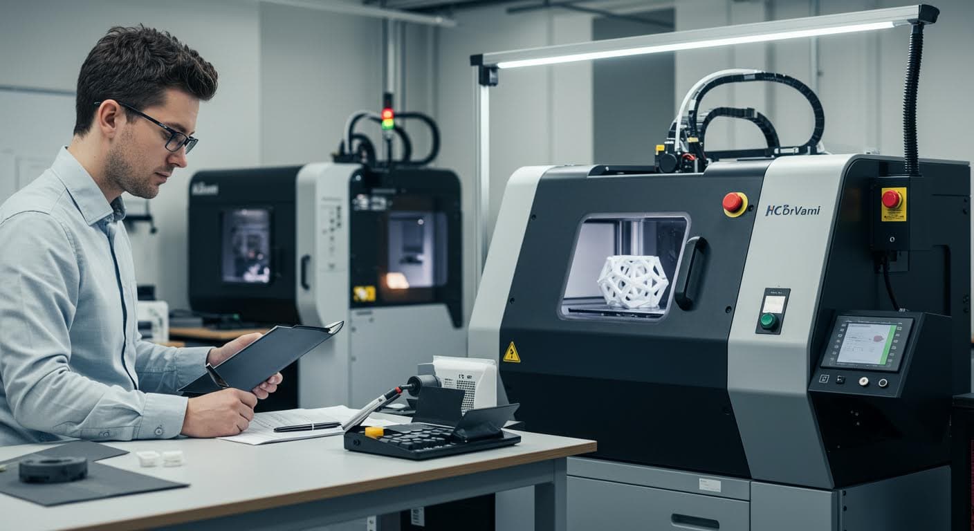 Visuelle Darstellung einer Cloud-basierten Lieferkette mit 3D-Druckern im Hintergrund, fokussiert auf Technologie und Effizienz.
