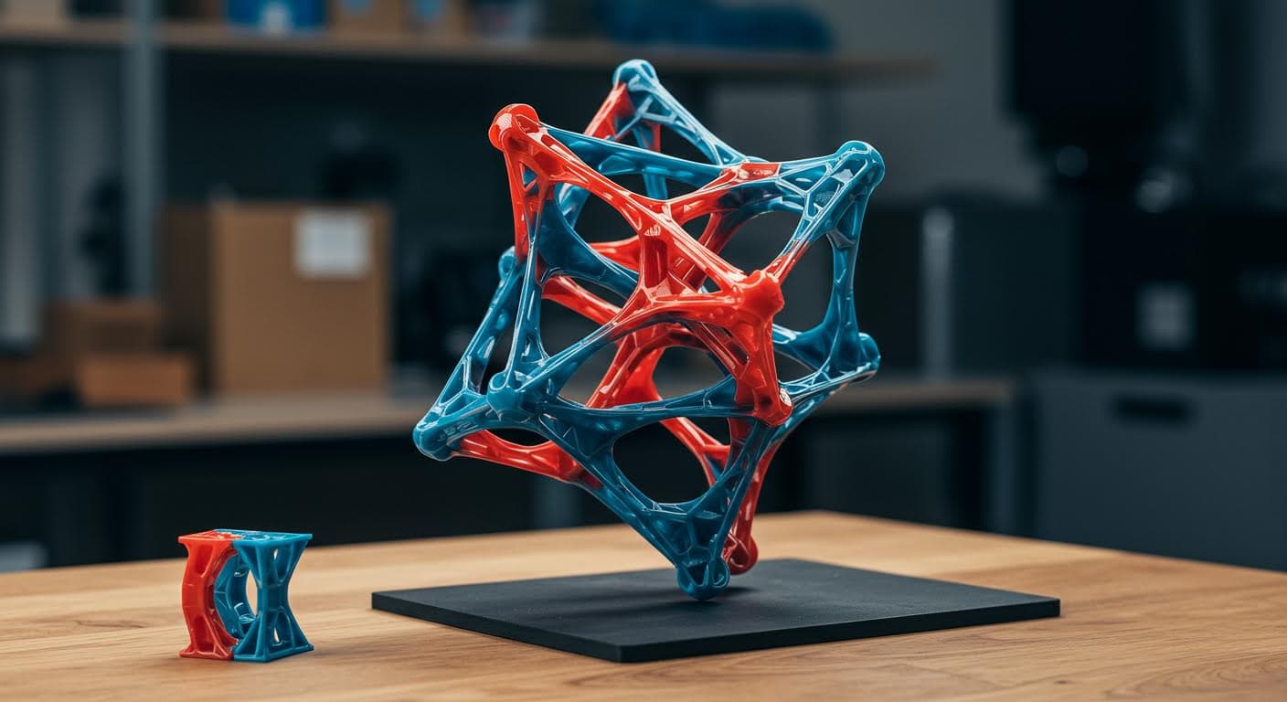Komplexe Tensegrity-Struktur aus gedrucktem TPU, schwebend dargestellt, hebt Spannung und Elastizität hervor, hochauflösend und textfrei.