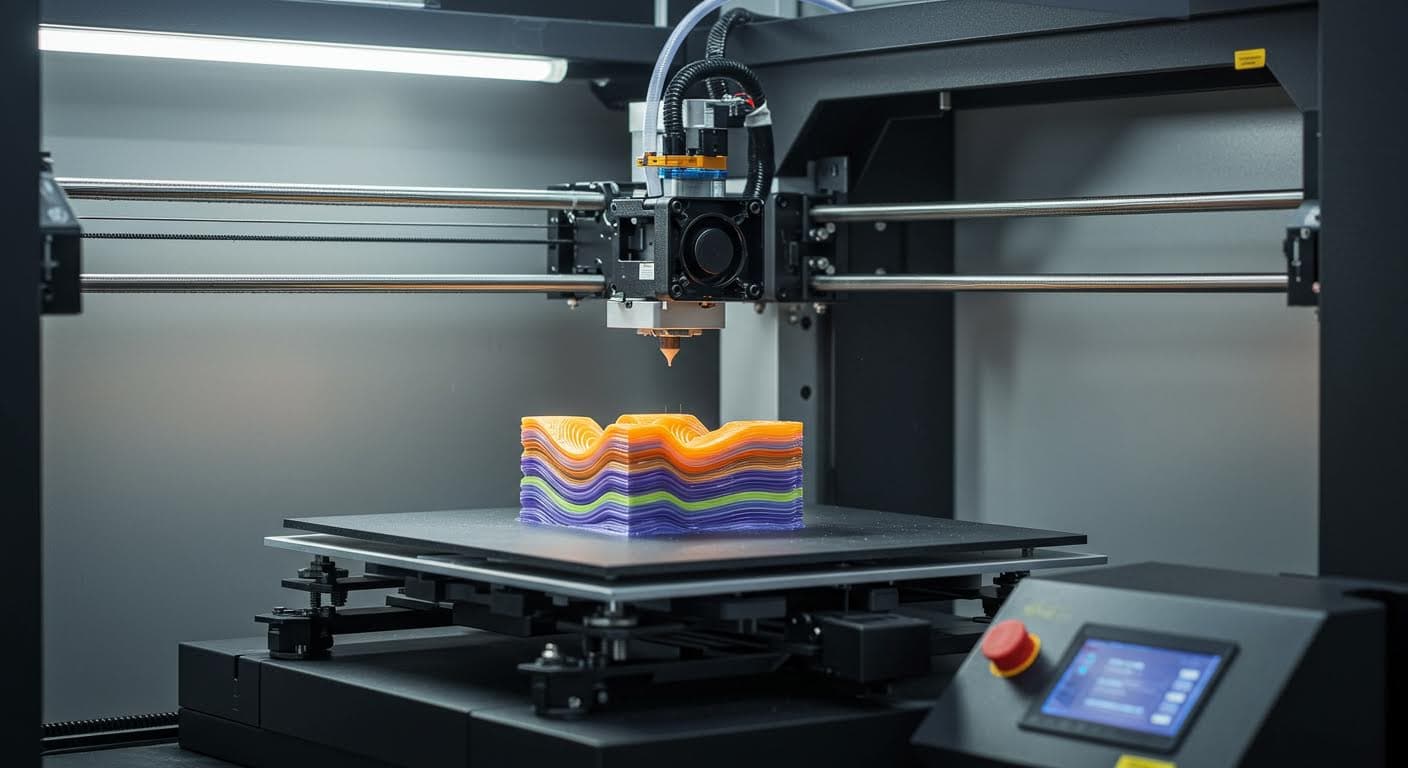 Industrial 3D printer building a layered model from an STL file with support structures visible.