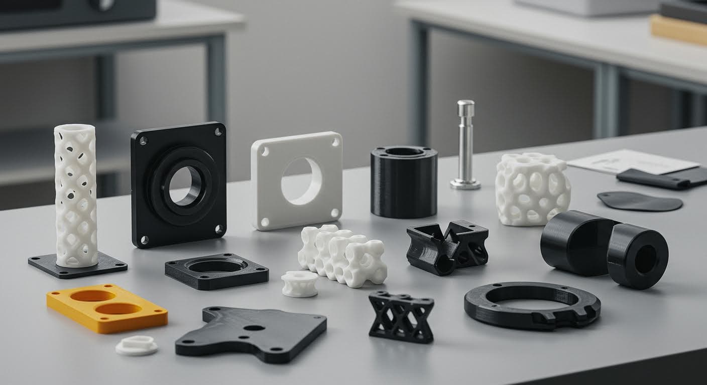 Array of various 3D-printed parts made from plastic and metal materials on a clean surface.