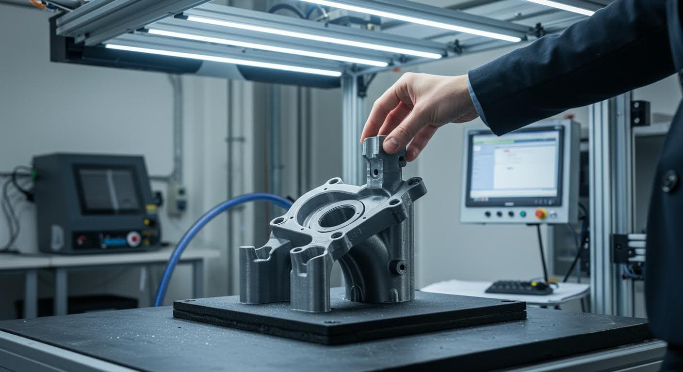 Detailed view of a finished 3D-printed prototype part being inspected under bright lights in a factory setting.