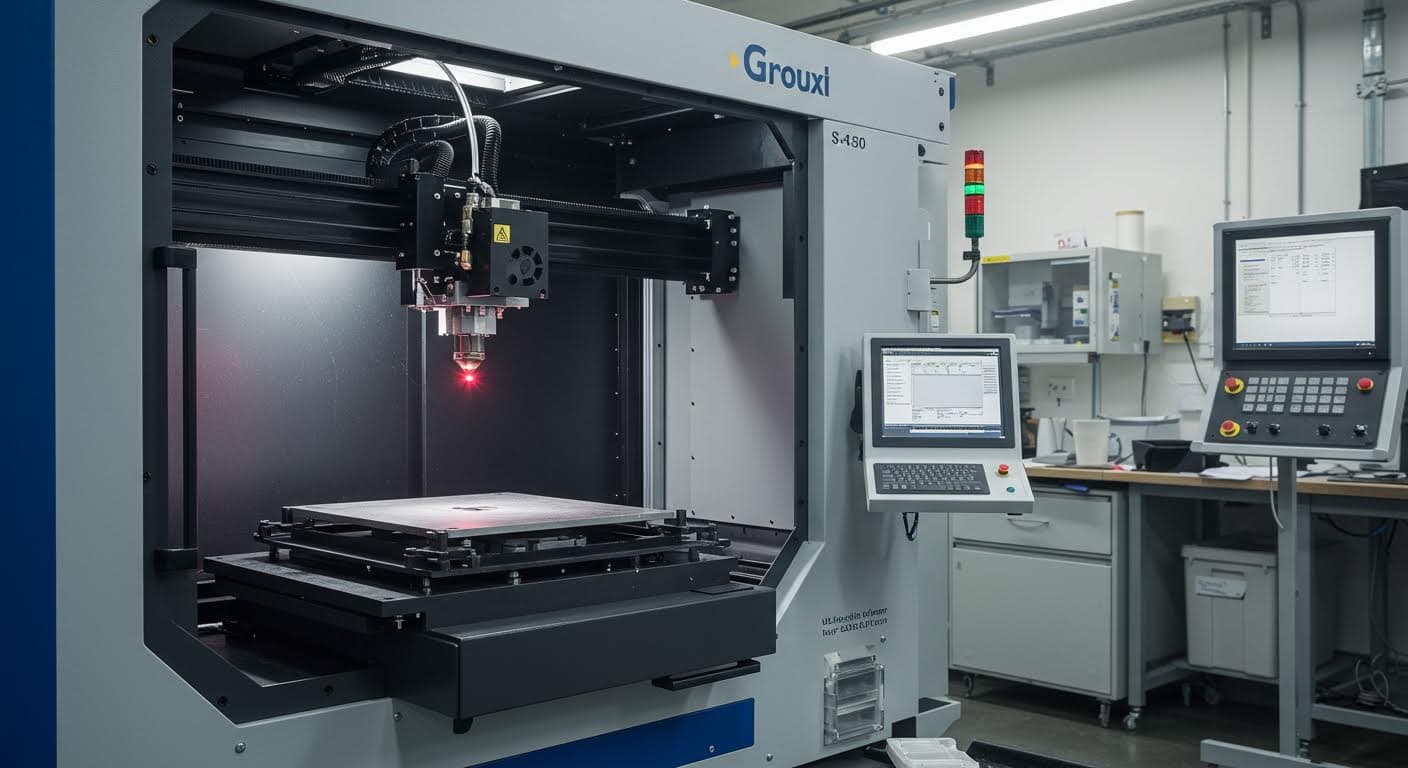 Nahaufnahme eines SLS-Druckprozesses mit Pulverbett und sichtbarem Laserstrahl, der Schichten sintert, in industrieller Umgebung