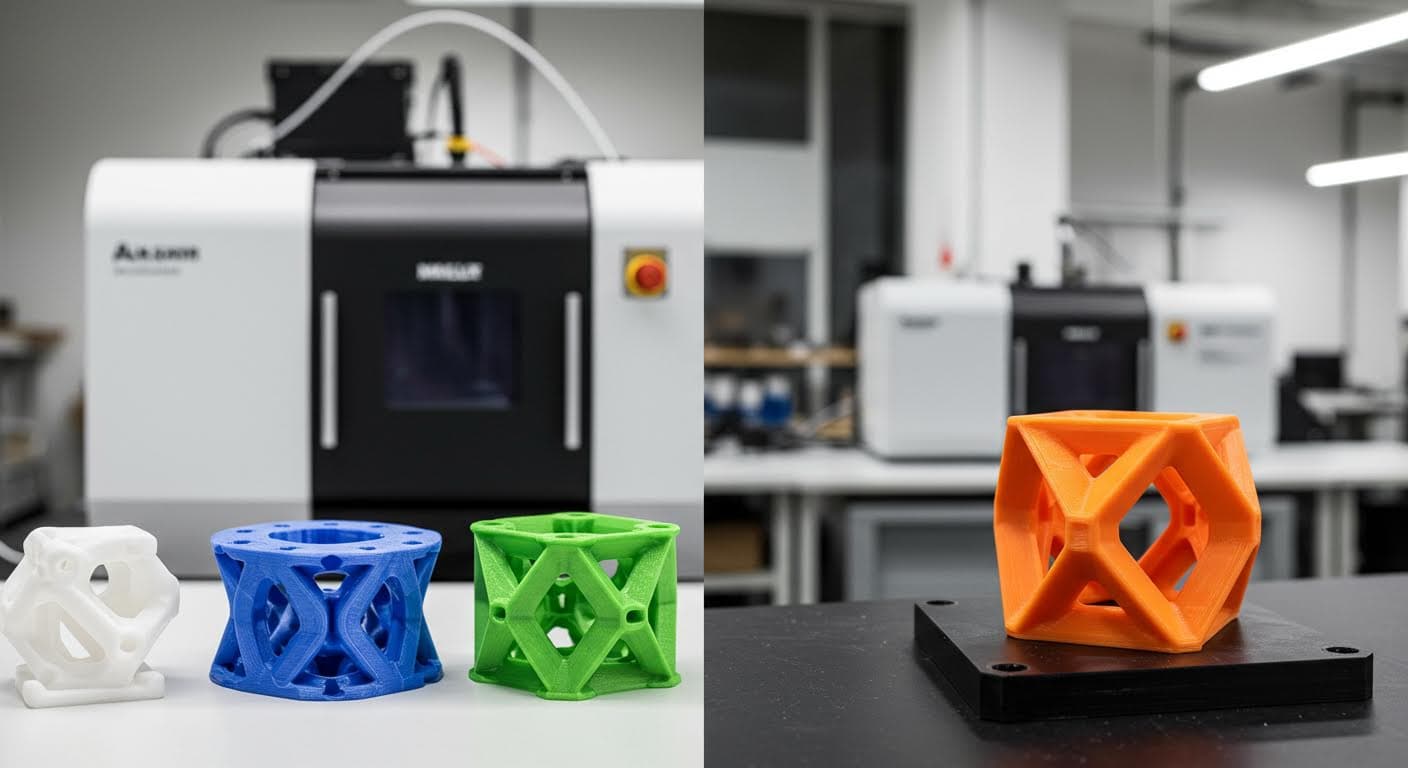 Vergleich von farbigen 3D-gedruckten Objekten aus SLS und MJF, nebeneinander platziert, ohne Beschriftungen