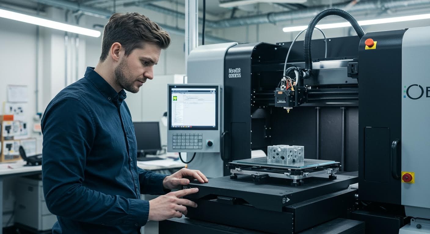 Industrieller 3D-Drucker bei der Arbeit, mit Fokus auf das Pulverbett und Fusionsprozess, professionelle Beleuchtung