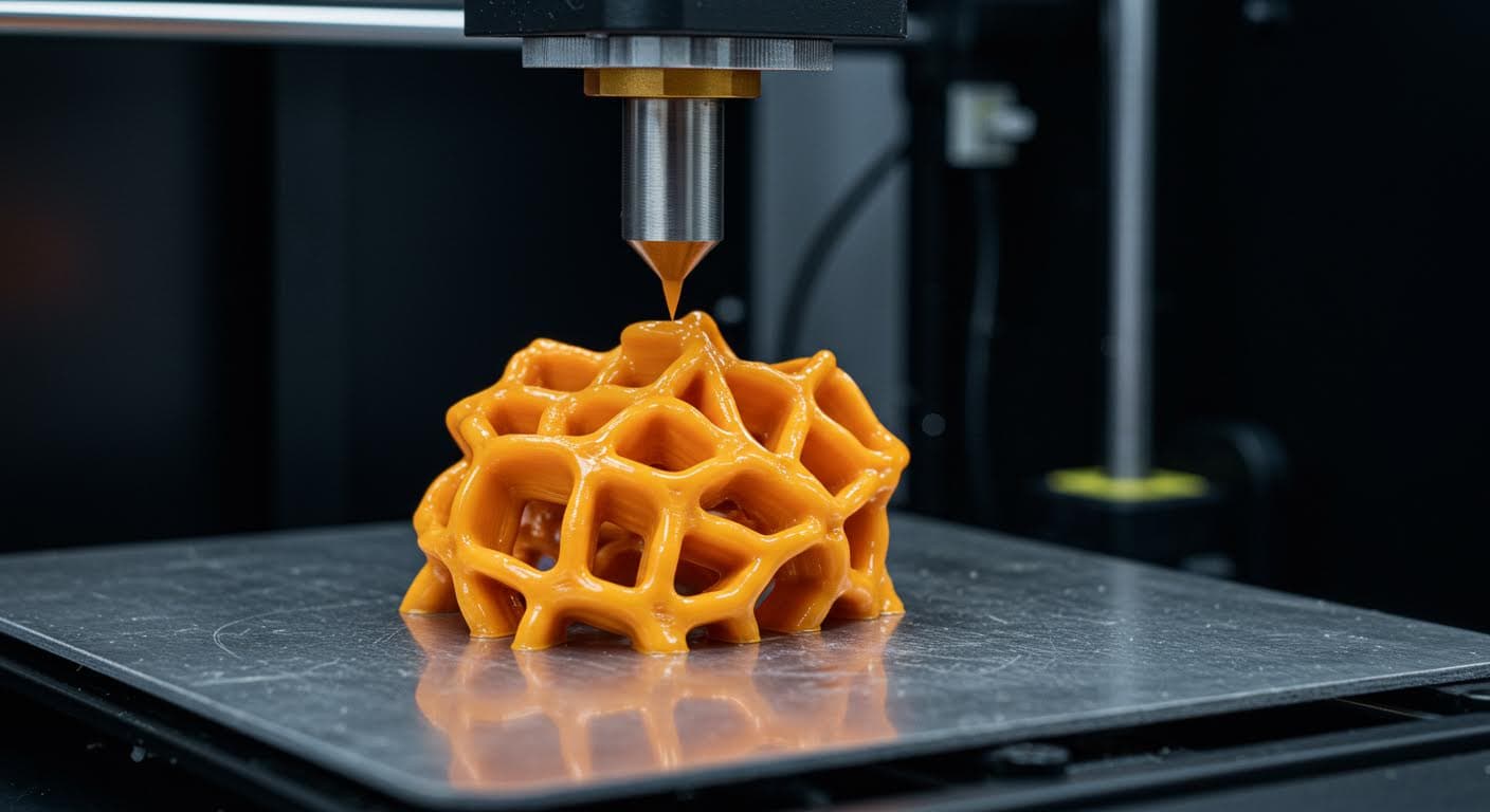 Close-up of extruded edible material forming a complex shape on a printer bed