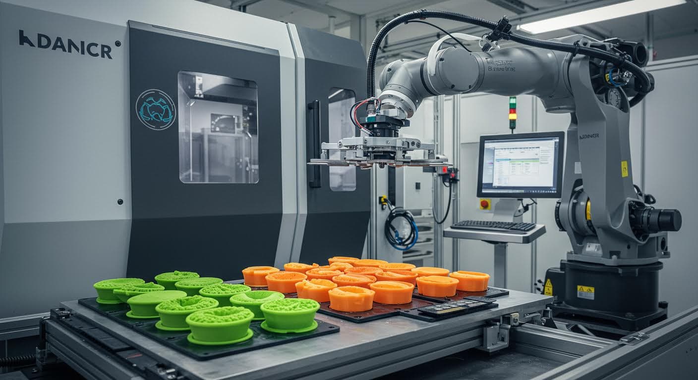 Industrial robotic arm handling 3D-printed food items in a clean environment
