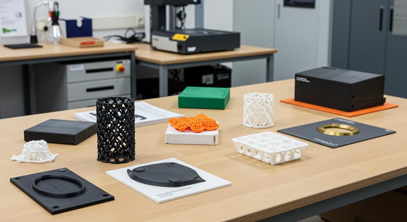 Array of 3D-printed prototypes for food packaging displayed on a table