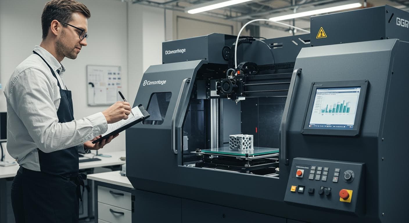 Hochauflösendes Foto eines FDM-3D-Druckers im Betrieb, ohne jegliche Beschriftungen, fokussiert auf die Technologie