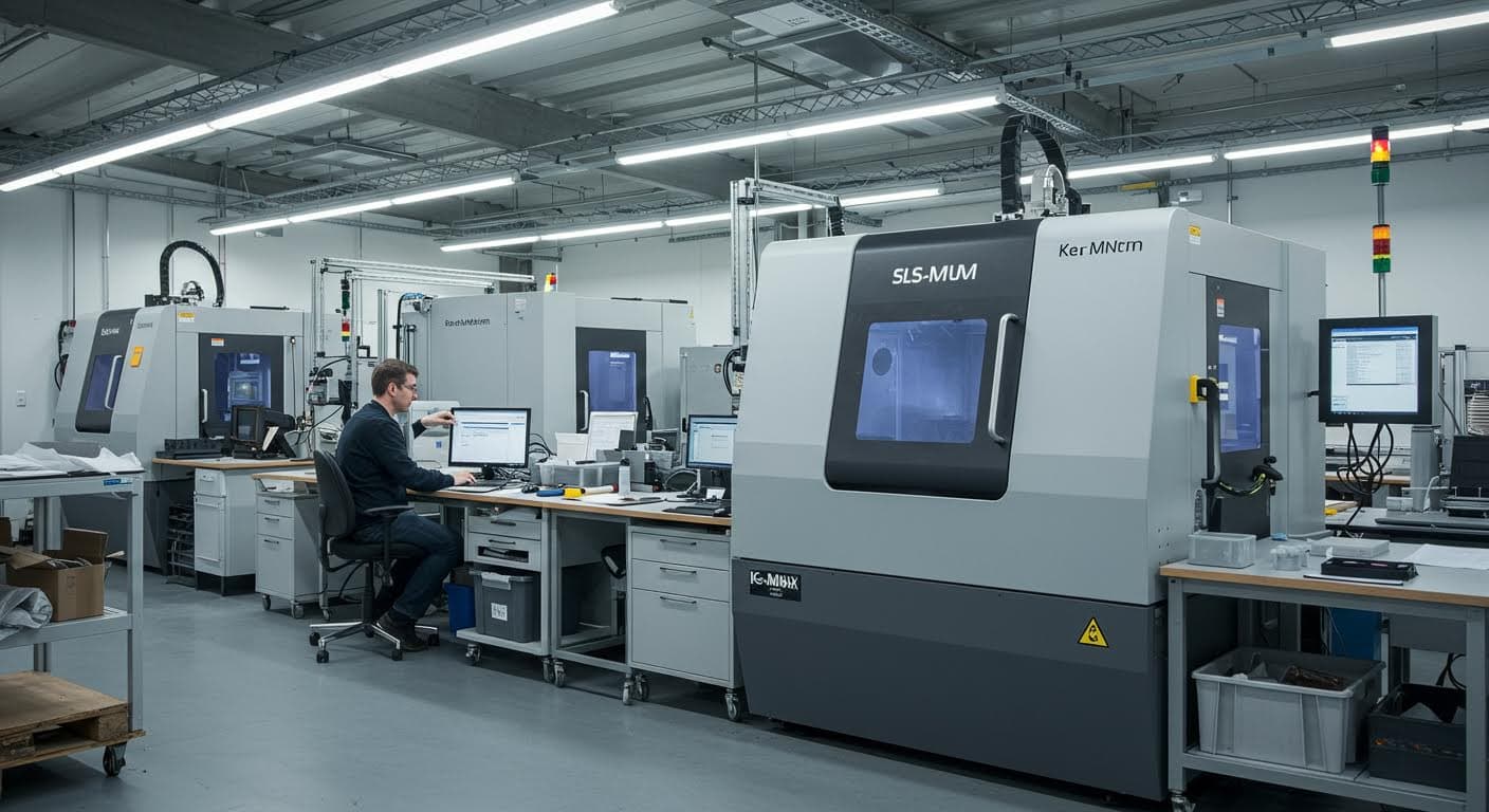 Regionale Fertigungsanlage mit mehreren 3D-Druckern in einem modernen Werk in Baden-Württemberg, ohne Text