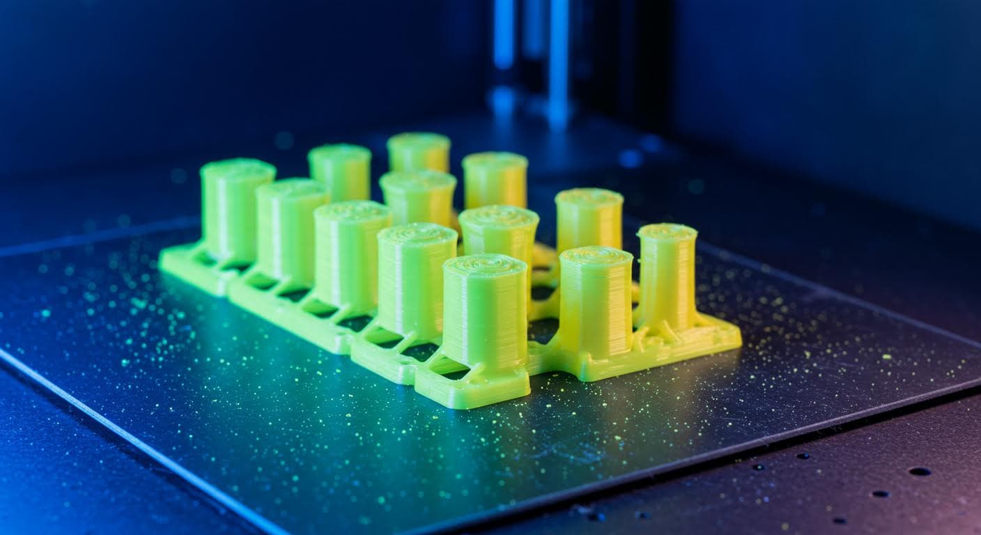 Close-up of a 3D-printed polymer part exposed to intense UV light in a controlled testing environment, showing surface details without any degradation visible