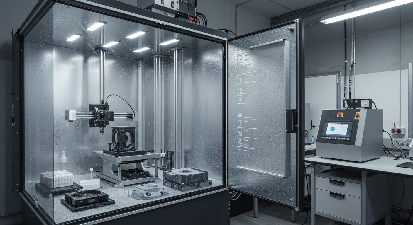 High-resolution image of weather simulation chamber with various 3D-printed components undergoing rain and temperature cycle tests