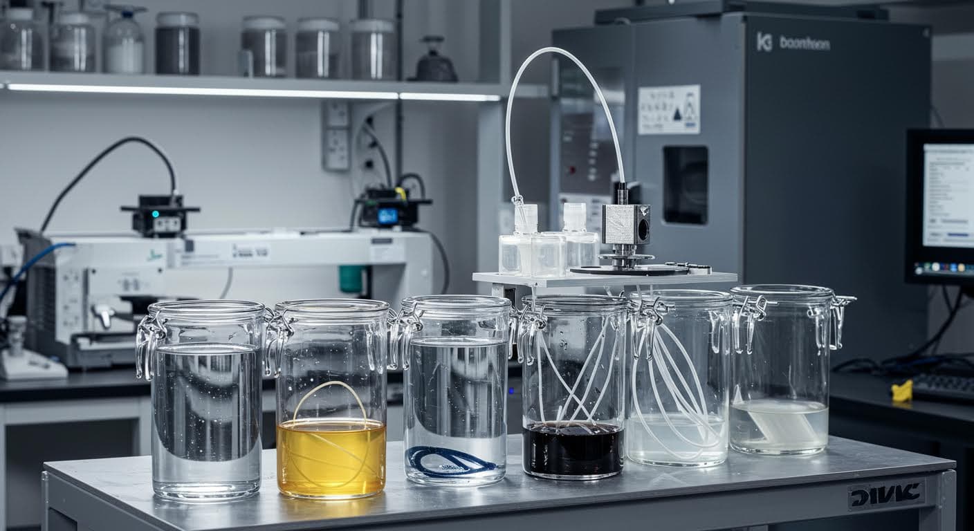 Professional photograph of chemical immersion test for 3D-printing filaments, displaying materials in transparent containers with liquids