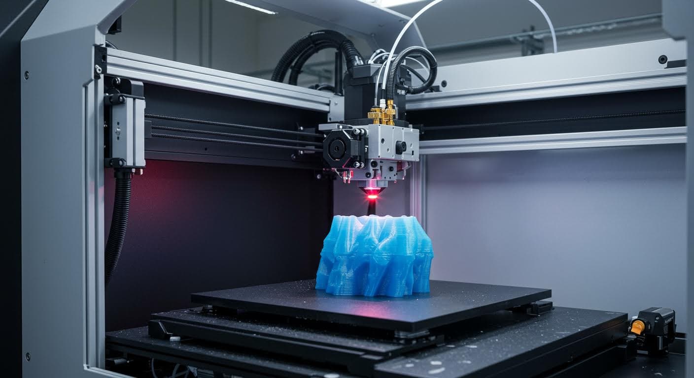 Hochauflösende Nahaufnahme eines SLA-3D-Druckers, der ein detailliertes Objekt schichtweise aufbaut, mit sichtbarem Laserstrahl und Harzbehälter in industrieller Umgebung.