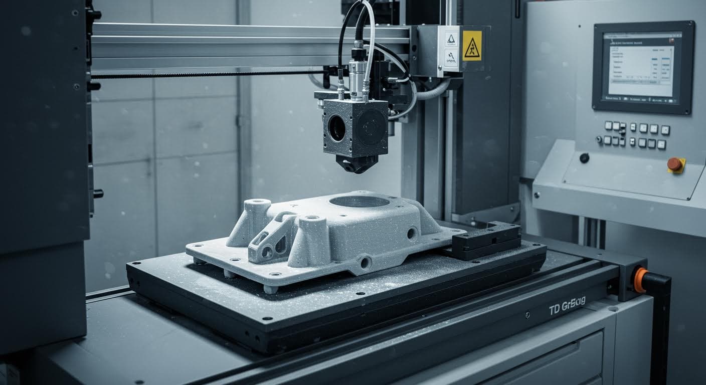 Outdoor scene of a 3D-printed prototype part mounted on industrial equipment, exposed to natural elements like sun and wind