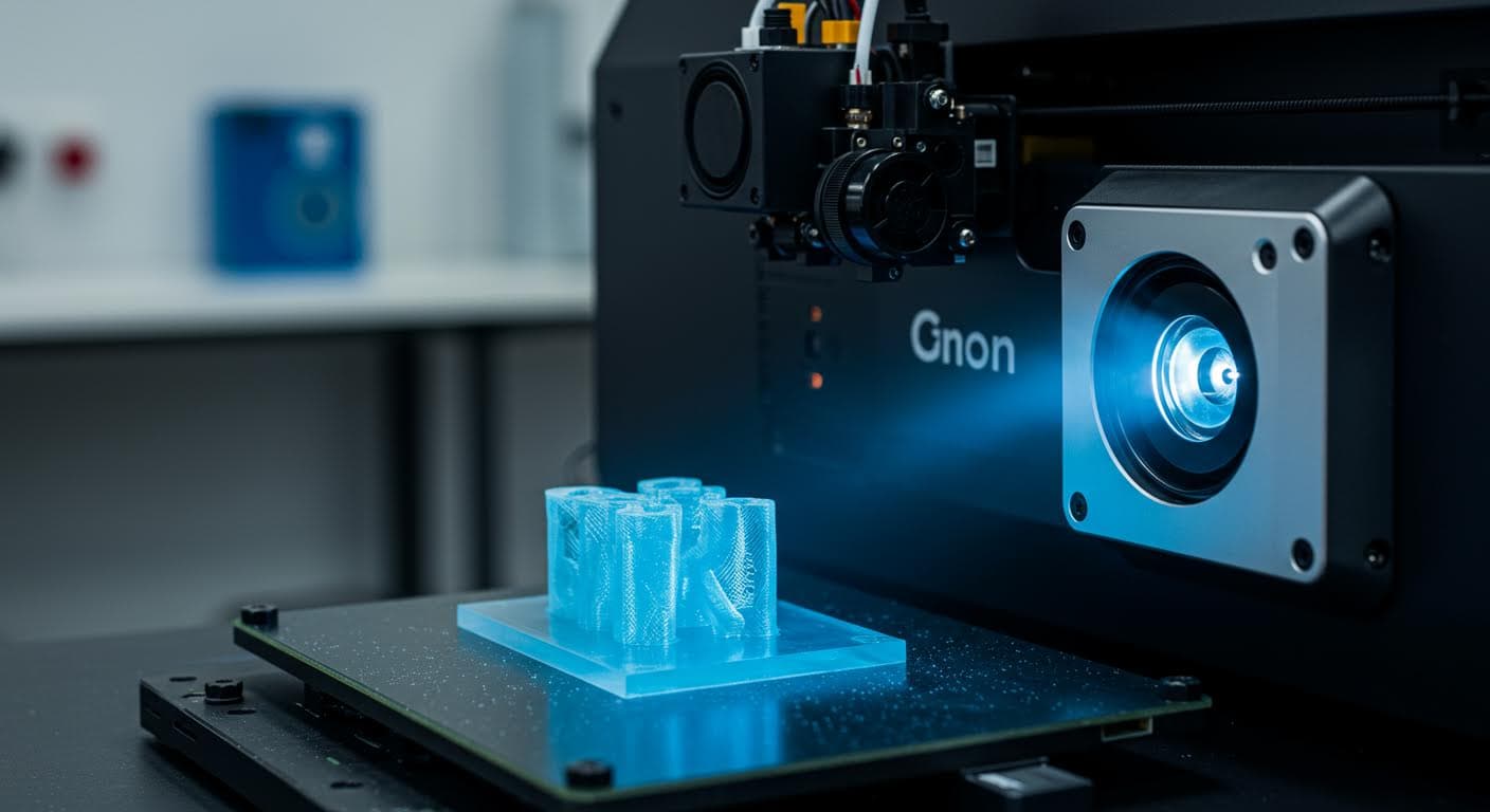 Professionelle Fotografie eines DLP-Projektors, der UV-Licht auf eine Harzoberfläche projiziert, mit Fokus auf den DMD-Chip und dem entstehenden Modell.