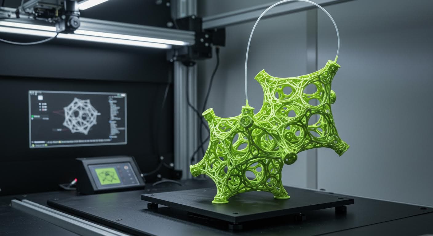 Detailed view of an innovative 4D-printed structure that changes shape in response to humidity, captured in a lab setting
