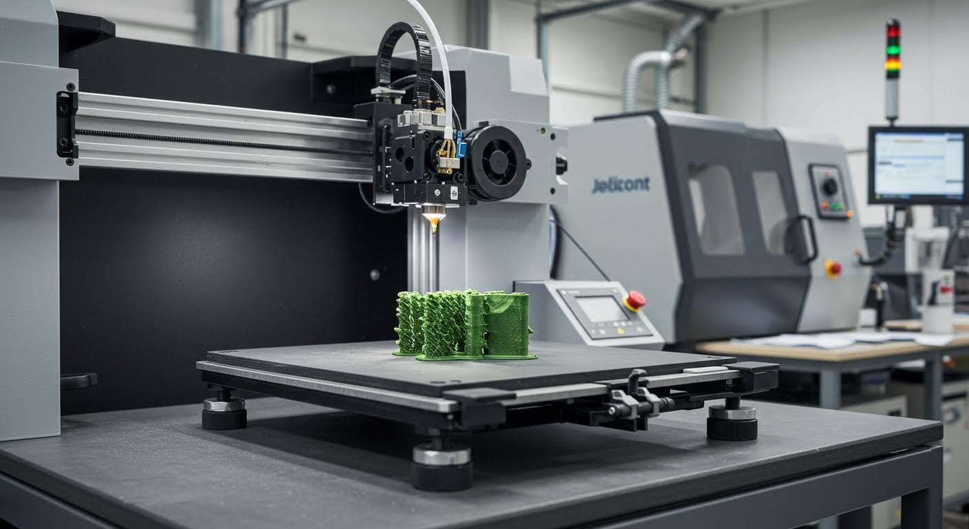 Industrial 3D printer in action, extruding weather-resistant material onto a build platform with precision machinery in the background
