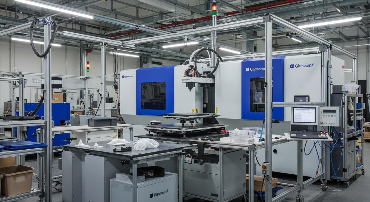 Industriefoto einer Serienproduktion mit DLP-Druckern in einer Fertigungshalle, zeigend mehrere Bauteile in verschiedenen Stadien.