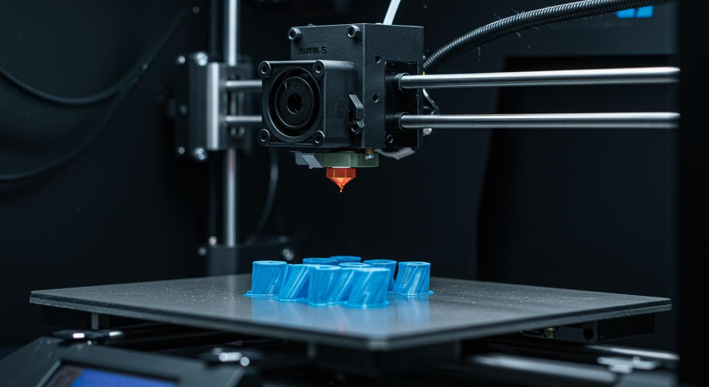 A close-up of a 3D printer extruding plastic filament onto a build plate in an industrial setting