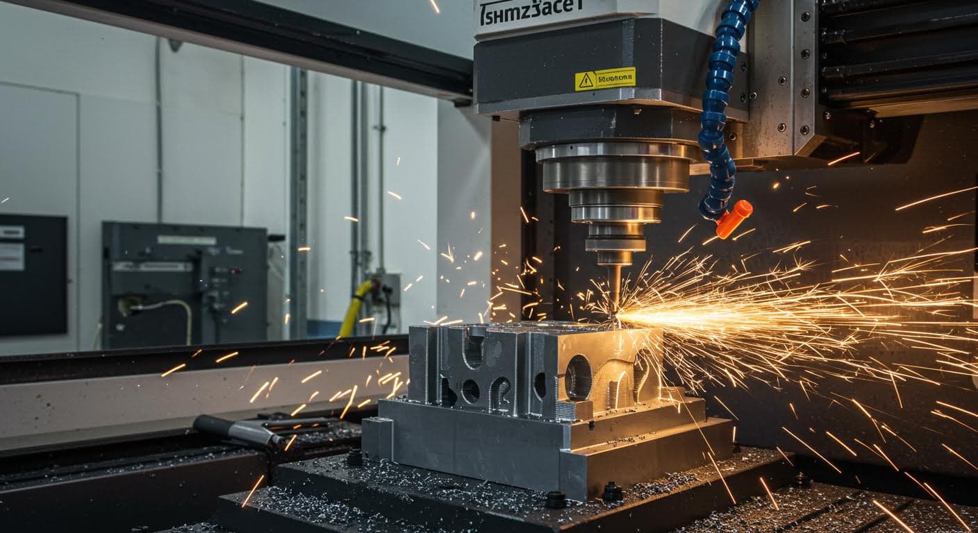 A CNC machine milling a metal block with sparks flying, showing precision engineering