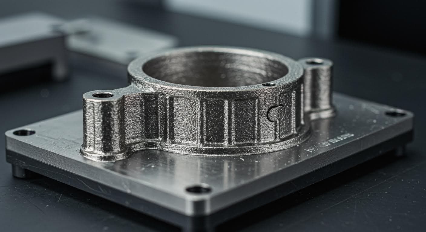 Close-up of a 3D-printed part with shiny metallic coating in an industrial setting
