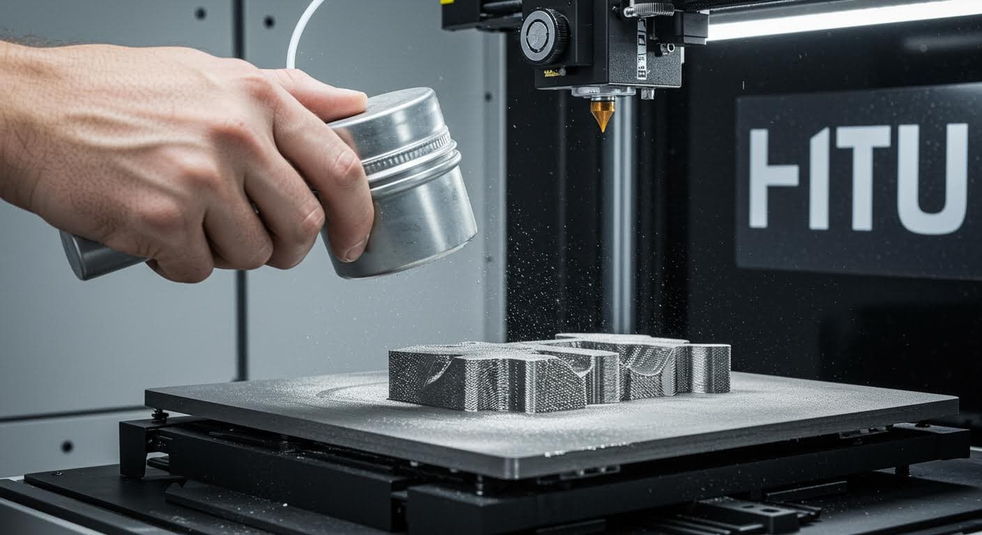 Fine metal powder being applied to a printed surface