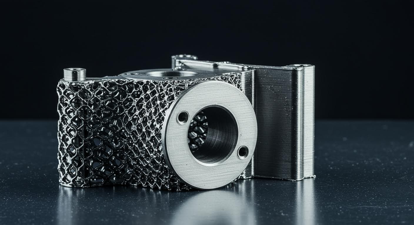 High-resolution image of a coated 3D-printed metal object reflecting light