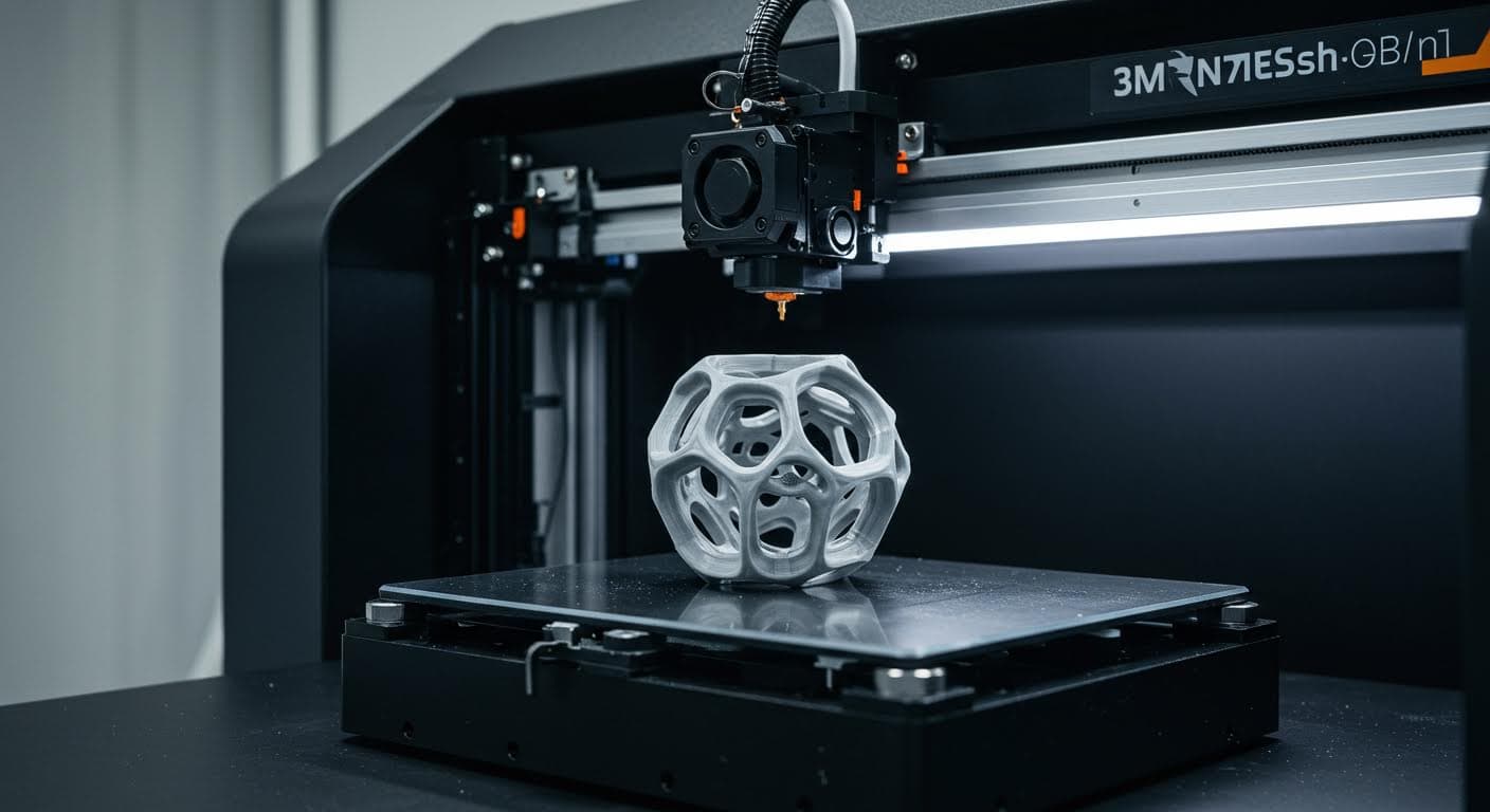 Ein professionelles, hochauflösendes Foto eines industriellen 3D-Druckers, der ein komplexes geometrisches Objekt druckt, mit Fokus auf die Druckdüse und Schichten, ohne jegliche Text oder Logos.