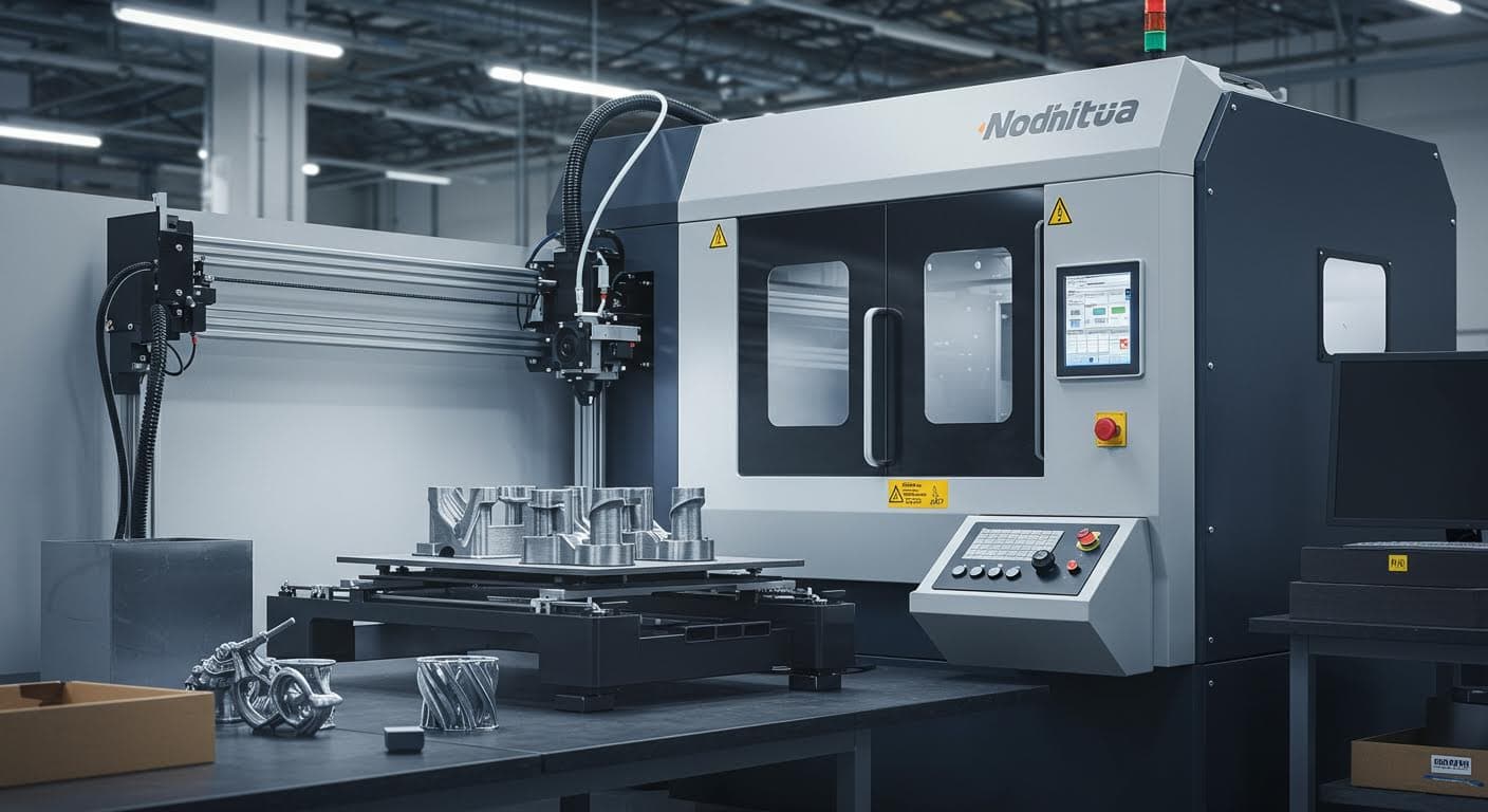 Modern 3D-printer in a factory environment producing metallic-looking parts