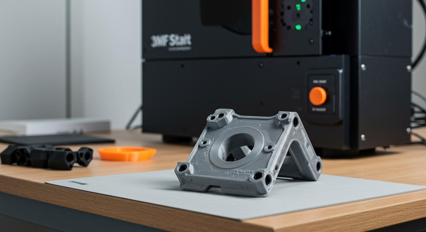 Nahaufnahme eines fertigen 3D-gedruckten Teils mit mehreren Materialien, das auf einem Tisch liegt, in magazinqualität, rein visuell, ohne Beschriftungen.