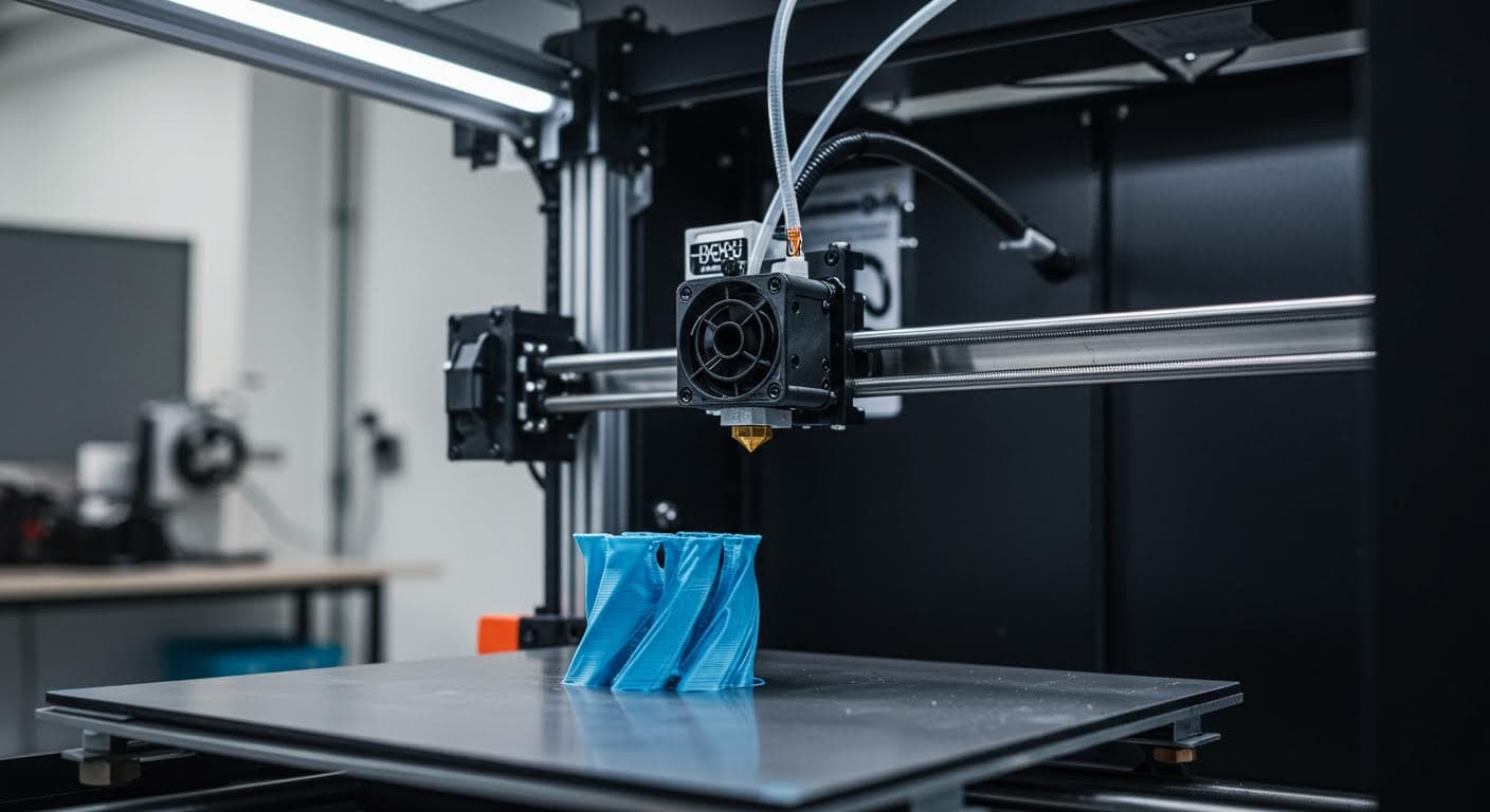 High-resolution photo of a 3D printer extruding recycled plastic filament in an industrial setting, showing the nozzle and build plate without any text or labels
