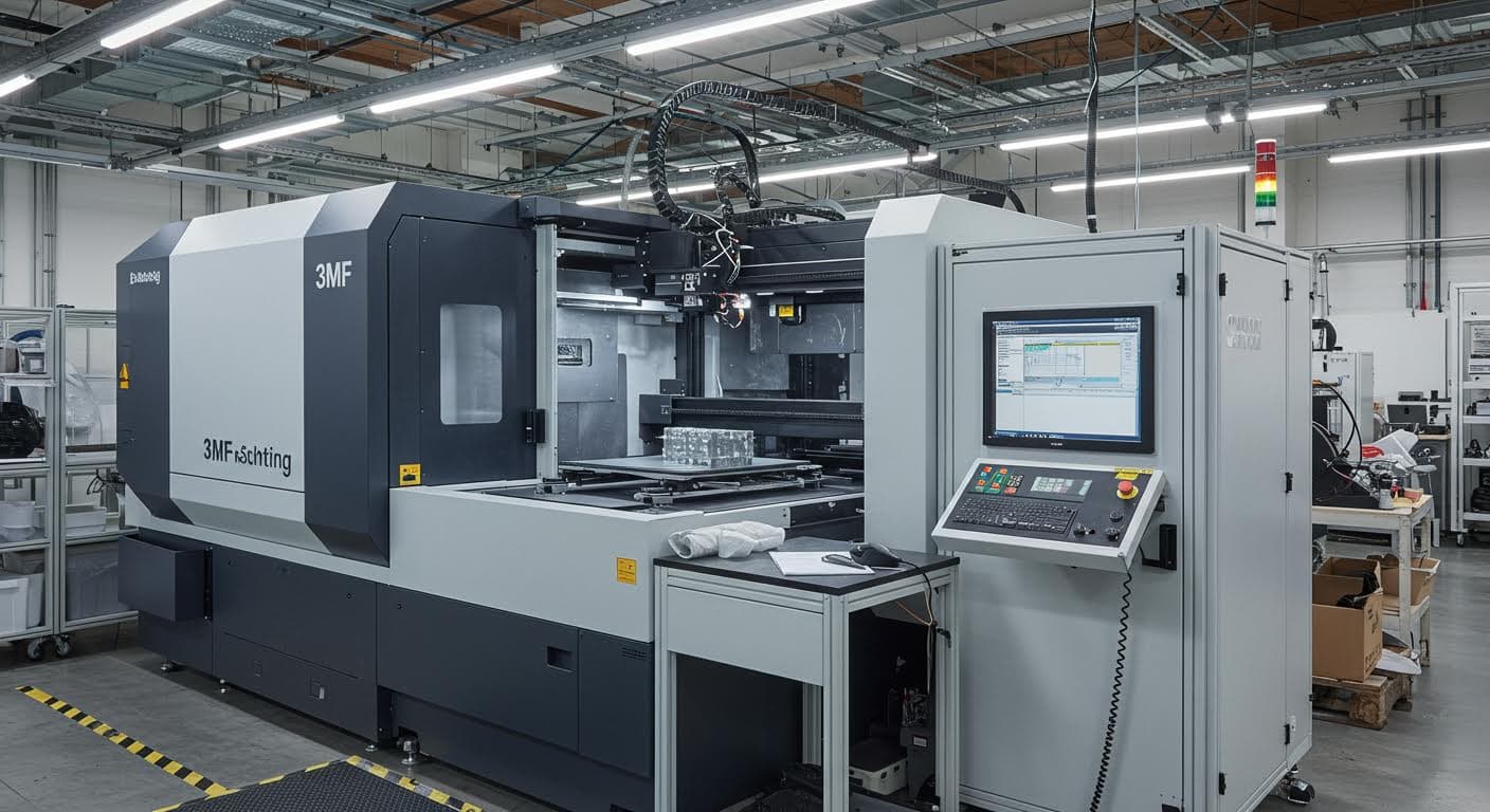 Industriefotografie einer großen 3D-Druckanlage in einer modernen Fabrikhalle, zeigend den Druckprozess in Aktion, hochauflösend und textfrei.